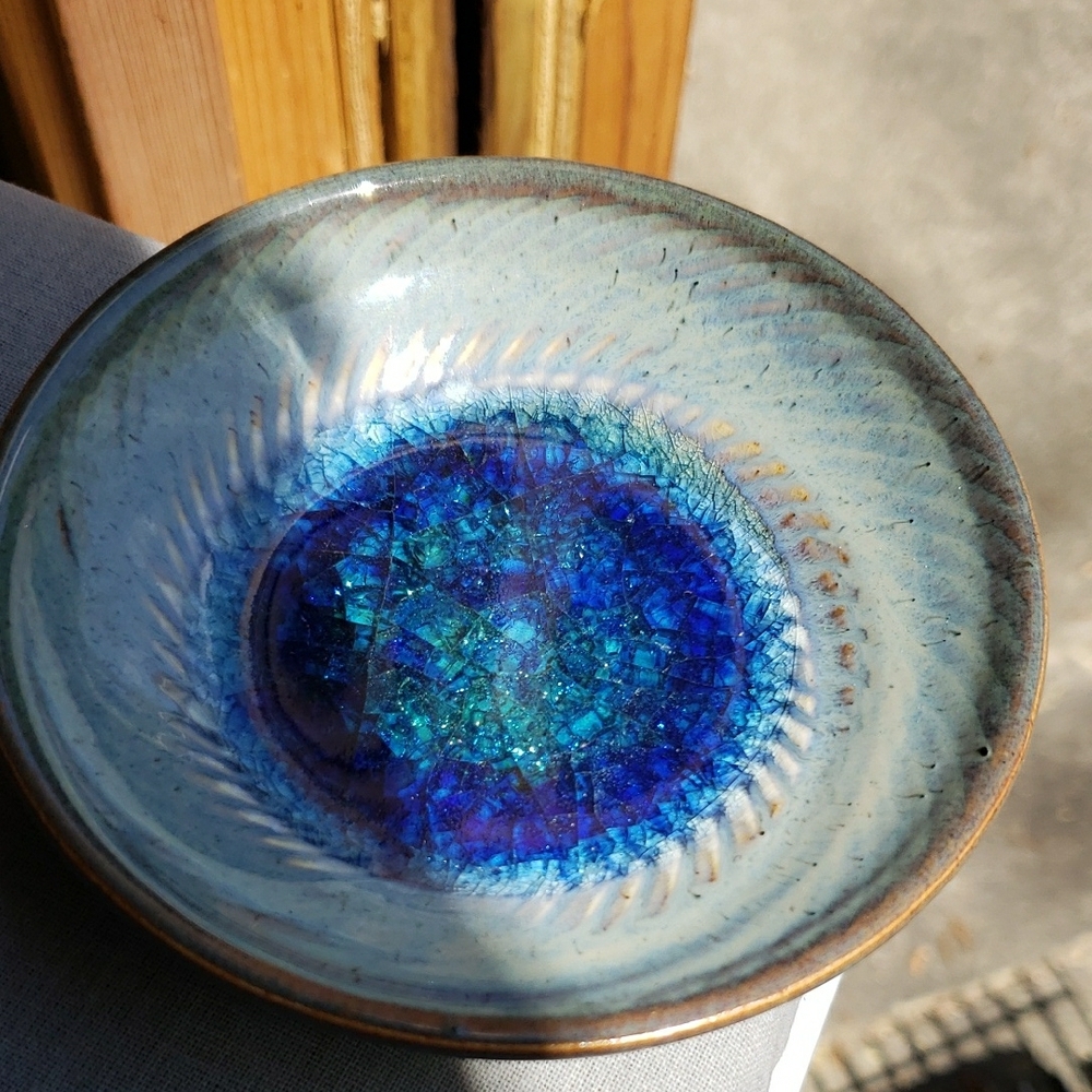 Blue and Gray Ceramic Art Bowl with Swirling Design 5in